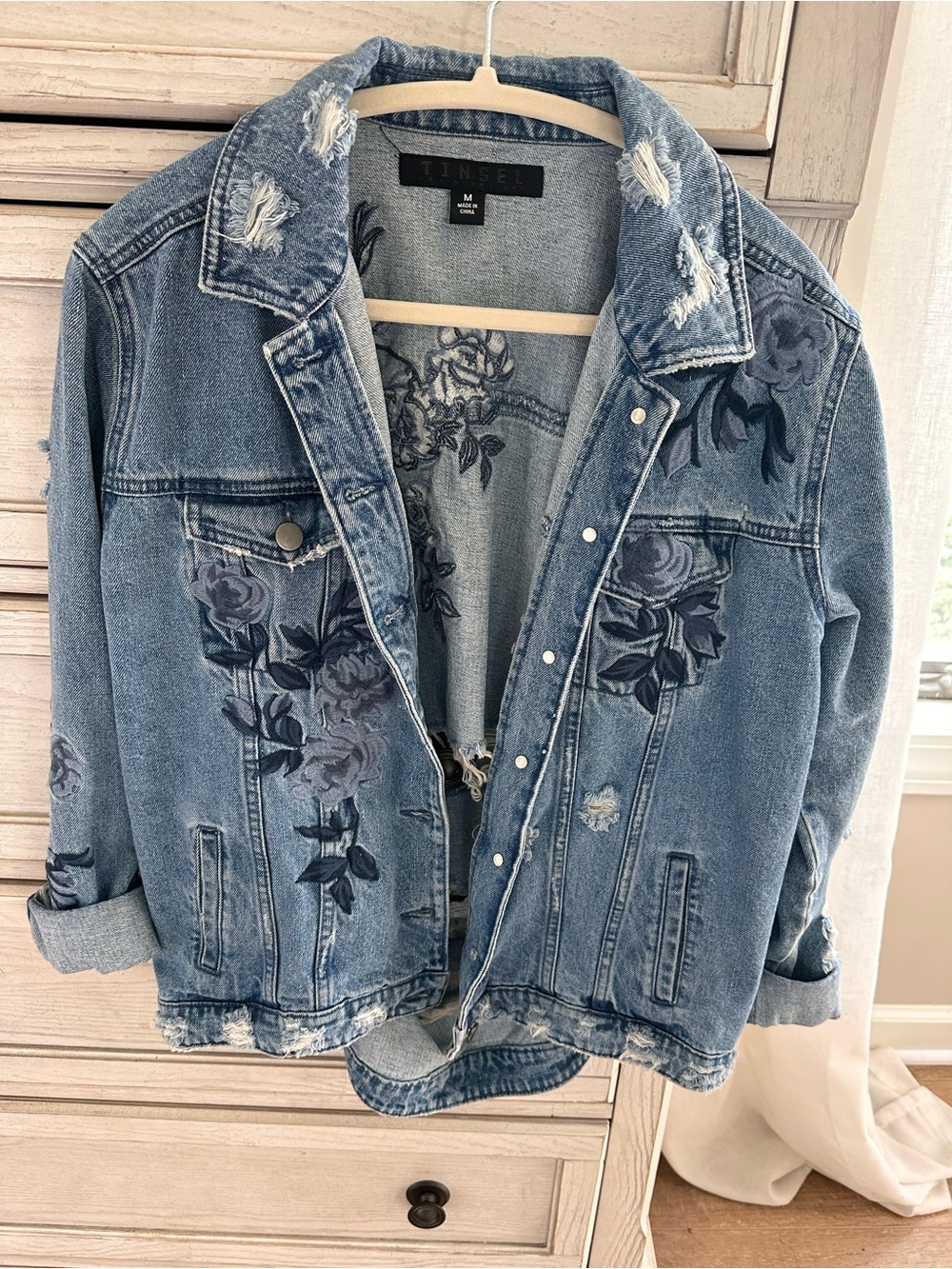 Tinsel Denim Jacket with Tonal Floral Embroidery - Blue